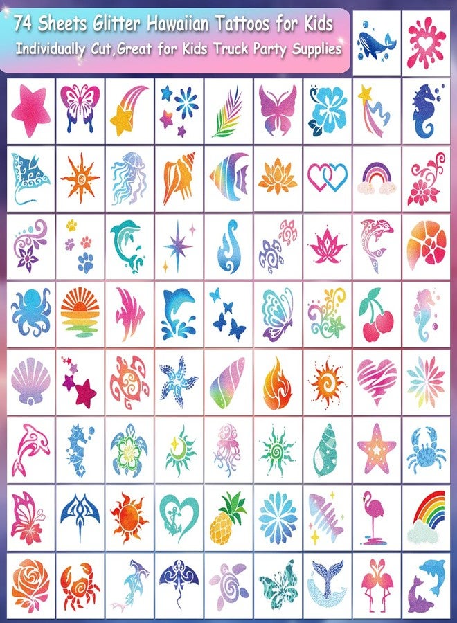 CHARLENT Glitter Temporary Tattoos for Aloha Party Decoration - 74 Individually Sheets Glitter Summer Tattoos for Kids Women Hawaiian Party Favors - Image 2