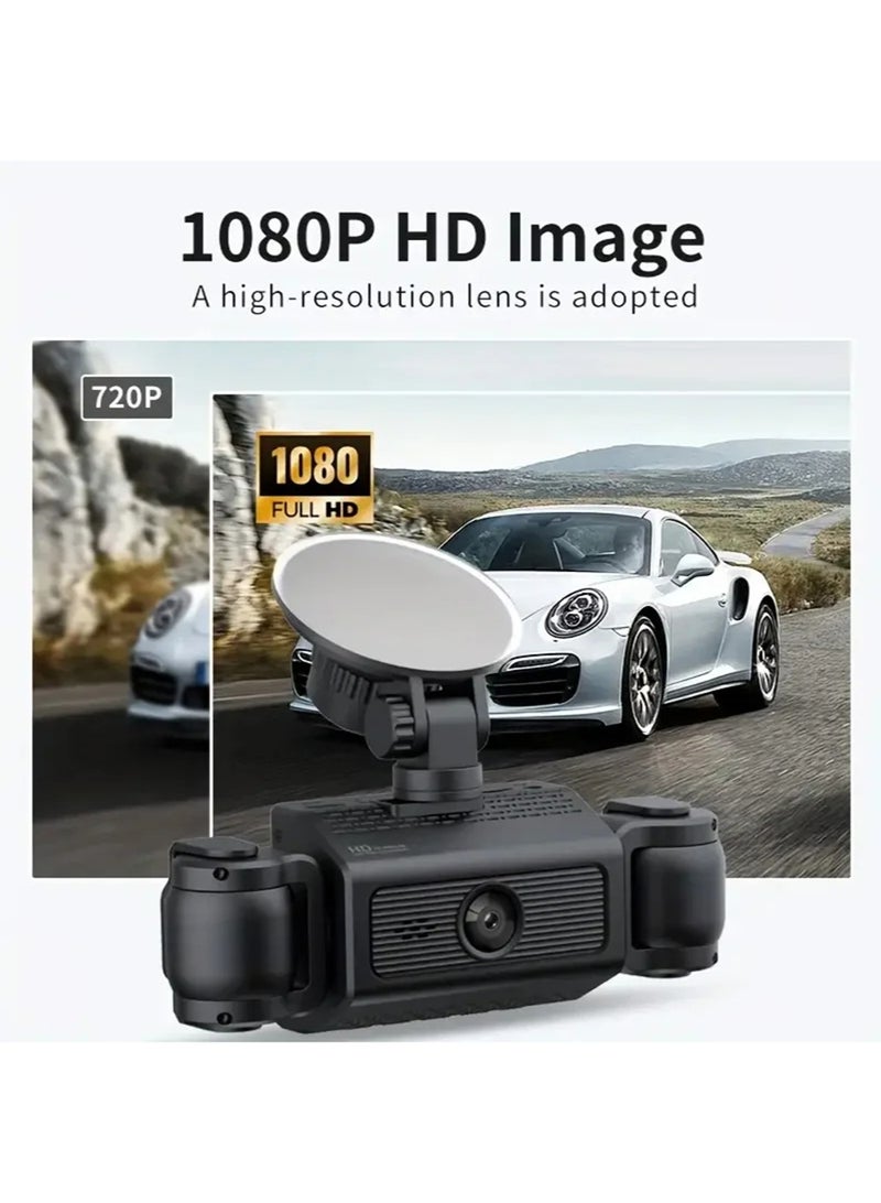 EzzySo كاميرا داش HD بدقة 1080P مزودة بشاشة LED، وزر تحكم بحجم 5.08 سم، ورؤية ليلية، ومصدر طاقة بمدخل سيارة 5V، وبطارية ليثيوم بوليمر قابلة لإعادة الشحن بسعة 150 مللي أمبير للتسجيل من الأمام والجانب الأيسر والجانب الأيمن والخلف (جانب السائق)، وهي قطعة واحدة مع 4 قنوات. - Image 2