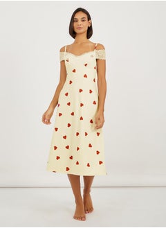 Styli All Over Heart Print Lace Trim Cold Shoulder Slip Dress  - Image 1