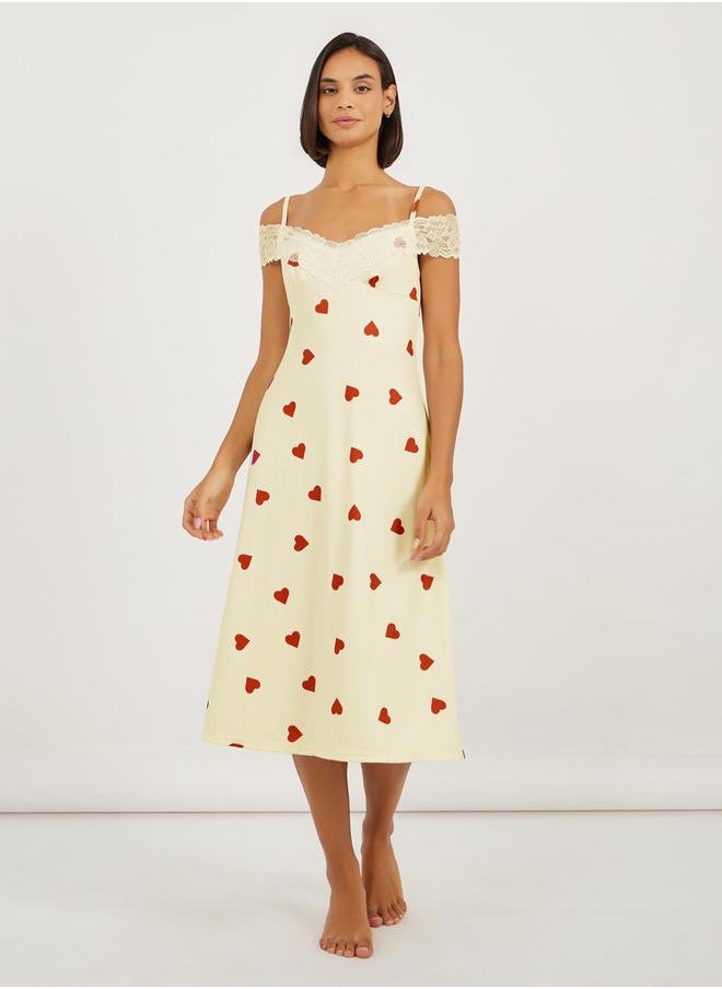 Styli All Over Heart Print Lace Trim Cold Shoulder Slip Dress  - Image 1