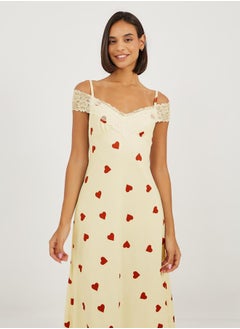 Styli All Over Heart Print Lace Trim Cold Shoulder Slip Dress  - Image 2