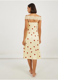 Styli All Over Heart Print Lace Trim Cold Shoulder Slip Dress  - Image 4