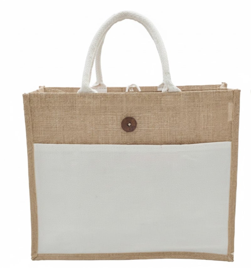 12 PIECES - Jute Shopping Tote Bag with Cotton Pocket,Two-Tone Button Closure (NATURAL JUTE/CREAM CANVAS WITH BOTTON) 41 X 33 X 15 - Image 1