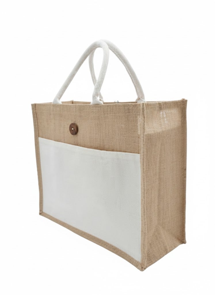 12 PIECES - Jute Shopping Tote Bag with Cotton Pocket,Two-Tone Button Closure (NATURAL JUTE/CREAM CANVAS WITH BOTTON) 41 X 33 X 15 - Image 2