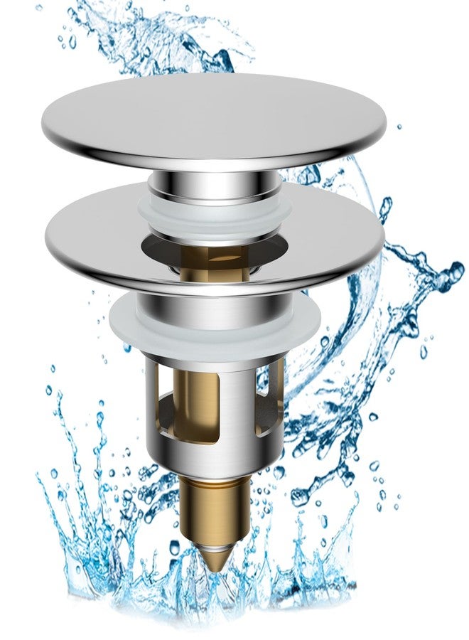 Hibbent All Metal 2 in 1 Bathroom Sink Stopper, Universal Pop Up Drain Strainer, Brass Bullet Core Push Type Sink Stopper for 1.1''~2.3'' Basin, Big Push Button, Anti Clogging Drain Filter, Chrome - Image 1