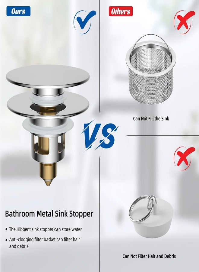 Hibbent All Metal 2 in 1 Bathroom Sink Stopper, Universal Pop Up Drain Strainer, Brass Bullet Core Push Type Sink Stopper for 1.1''~2.3'' Basin, Big Push Button, Anti Clogging Drain Filter, Chrome - Image 5