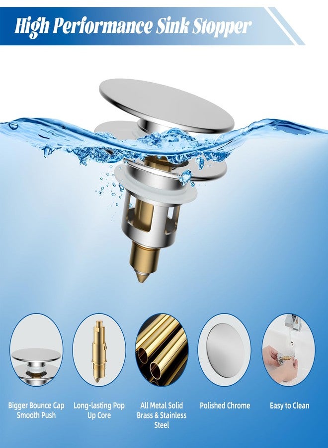 Hibbent All Metal 2 in 1 Bathroom Sink Stopper, Universal Pop Up Drain Strainer, Brass Bullet Core Push Type Sink Stopper for 1.1''~2.3'' Basin, Big Push Button, Anti Clogging Drain Filter, Chrome - Image 2