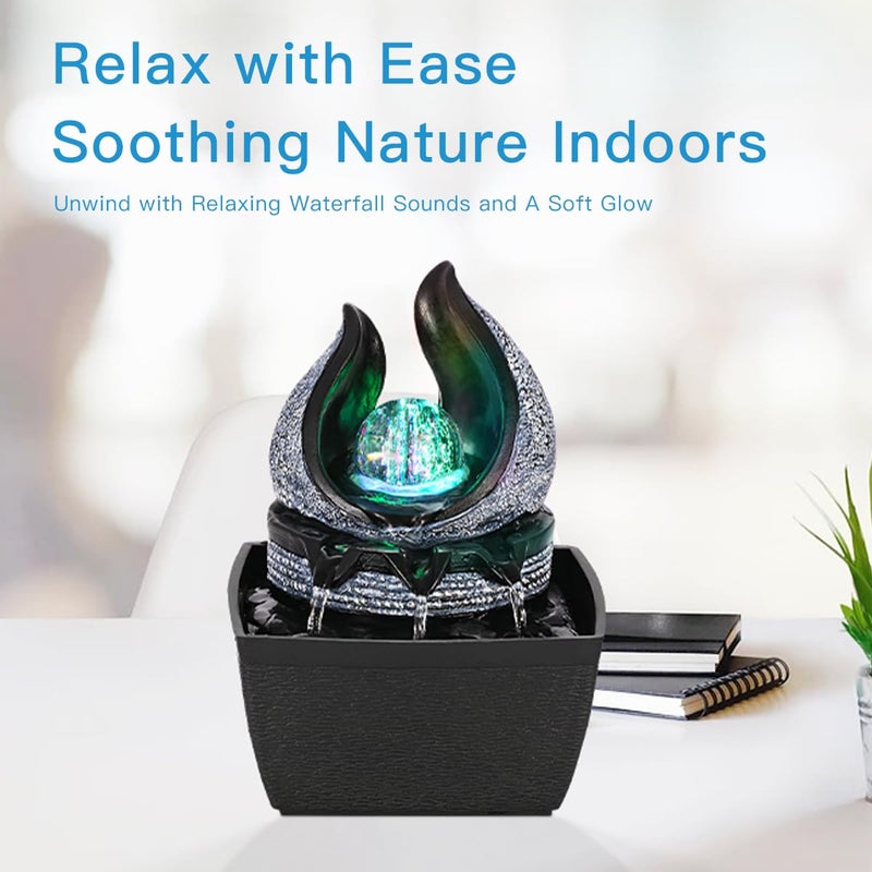 Hebafri Tabletop Water Fountains Indoor, 3 Gears Desktop Fountain with Led Rolling Ball, Table Top Small Water Feature Interior Zen Relaxation Decor for Home Bedroom Living Room Office Apartment - Image 3