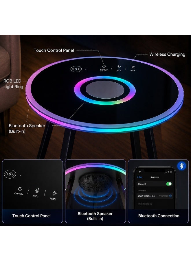 Smart RGB LED Coffee Table with Bluetooth Speaker, Wireless Charging, Rechargeable Battery & Tempered Glass Top - Image 3