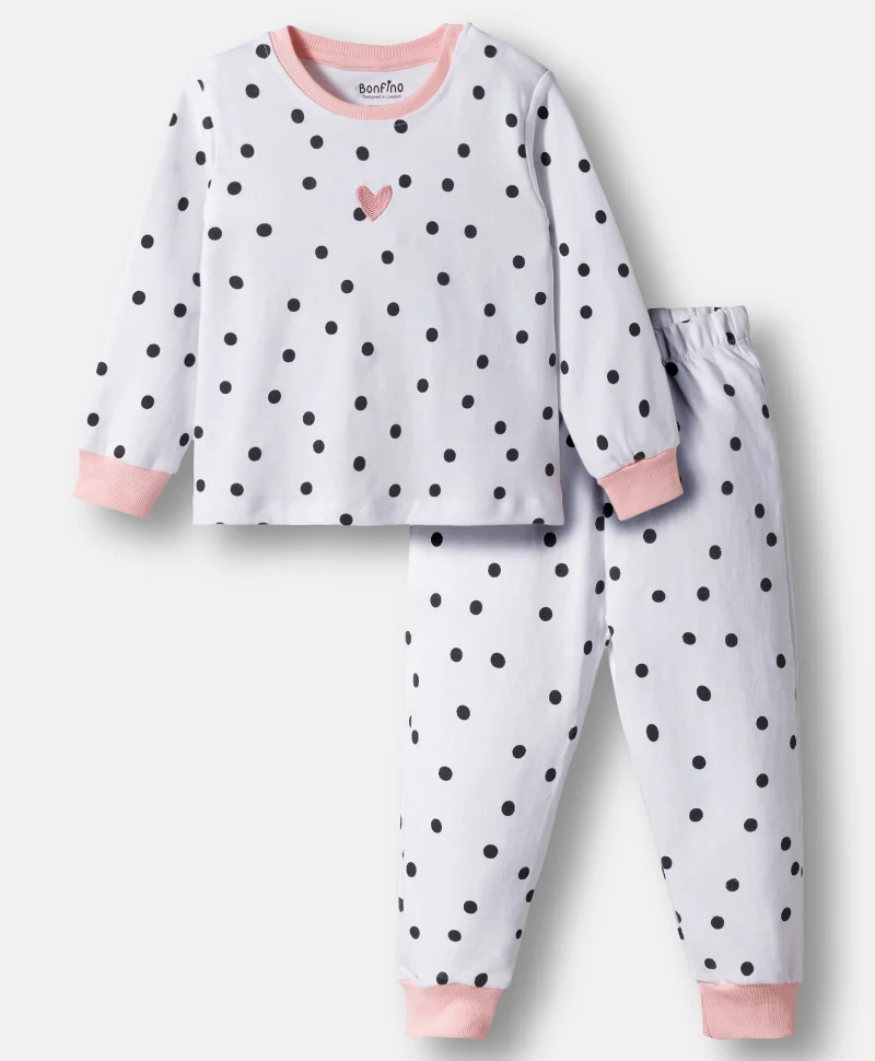 Bonfino Bonfino 100% Cotton Polka Dot Printed Pyjama Set - White