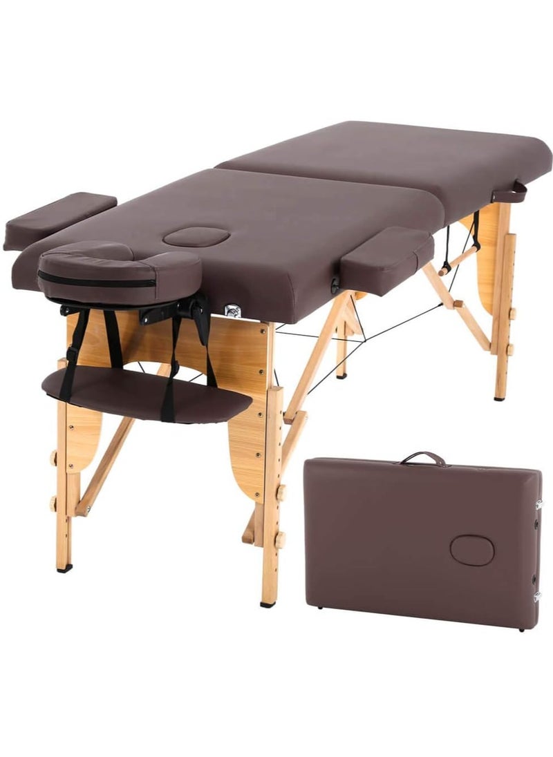 Sharpdo Portable Massage Table Massage Bed Folding 84 Inch Height Adjustable 2 Fold Lash Bed with Carry Case PU Leather Professional Spa Salon Tattoo Facial Bed with Face Cradle, Hold Up to 450Lbs, Brown  - Image 1