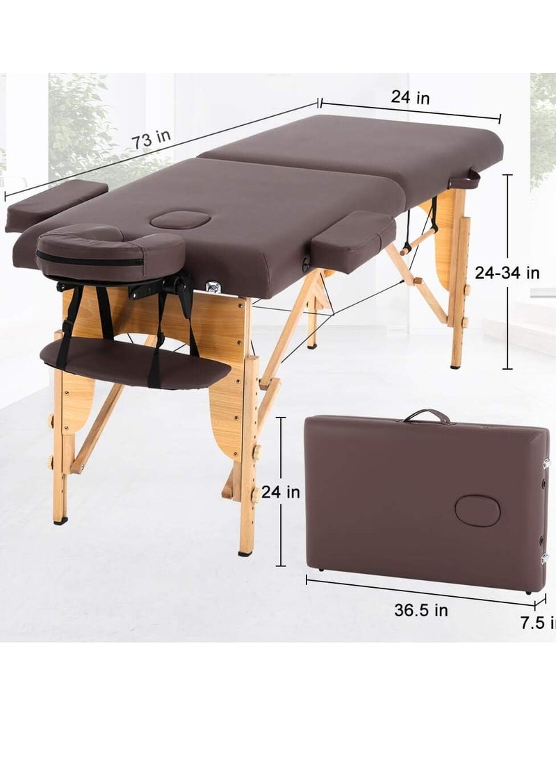 Portable Massage Table Massage Bed Folding 84 Inch Height Adjustable 2 Fold Lash Bed with Carry Case PU Leather Professional Spa Salon Tattoo Facial Bed with Face Cradle, Hold Up to 450Lbs, Brown