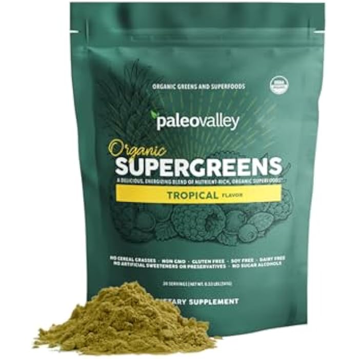 Paleovalley Organic Supergreens Powder - 23 Superfoods with Prebiotic Fiber for Energy and Immunity Support - No Cereal Grasses for Maximum Absorption - Tropical, 30 Servings - Image 1