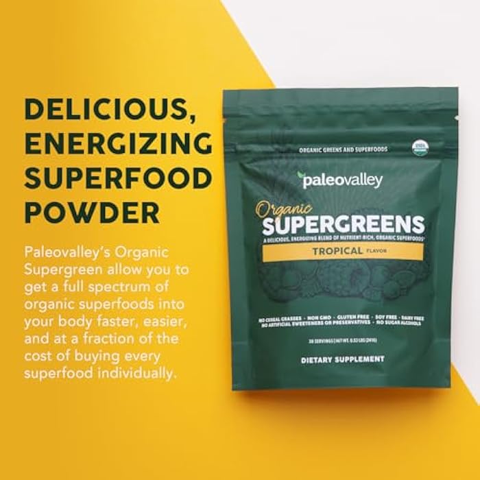 Paleovalley Organic Supergreens Powder - 23 Superfoods with Prebiotic Fiber for Energy and Immunity Support - No Cereal Grasses for Maximum Absorption - Tropical, 30 Servings - Image 5