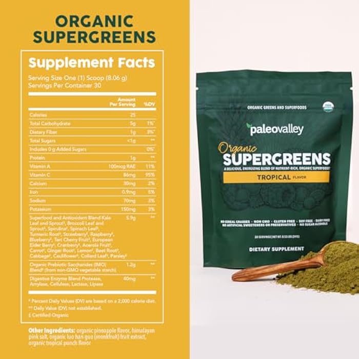Paleovalley Organic Supergreens Powder - 23 Superfoods with Prebiotic Fiber for Energy and Immunity Support - No Cereal Grasses for Maximum Absorption - Tropical, 30 Servings - Image 2