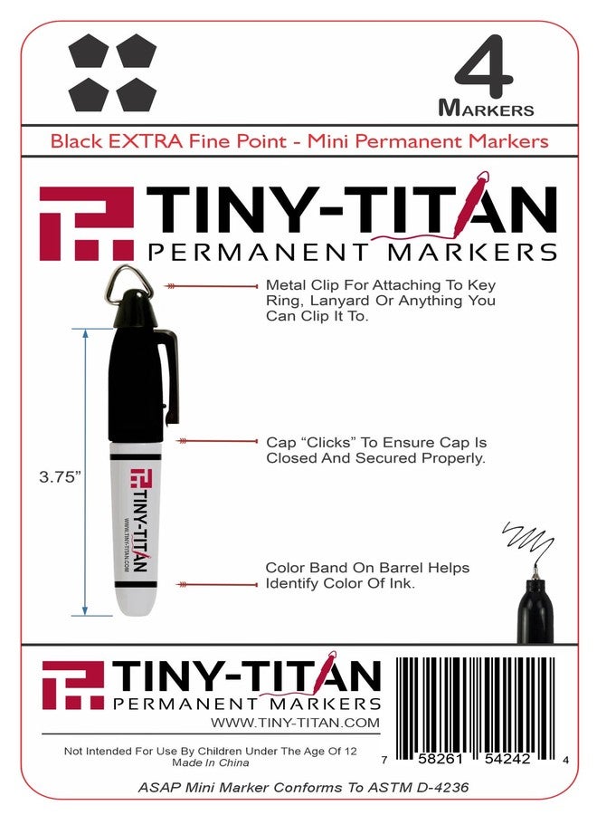 Tiny-Titan Mini Markers, EXTRA Fine Point - Permanent Ink - Metal Tip - Keychain Clip, Golf Ball Marker, Clip On Nurse's Badge - Black Ink - EXTRA Fine Point - 4 Pens - Image 3