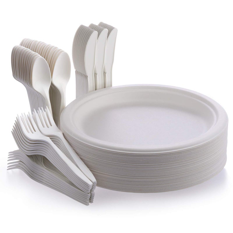 Fuyit 200pcs Disposable Tableware Set Compostable and Biodegradable Sugarcane Bagasse EcoFriendly Dinnerware Kits Includes Paper Plates Forks Knives and Spoons for Party Camping Picnic