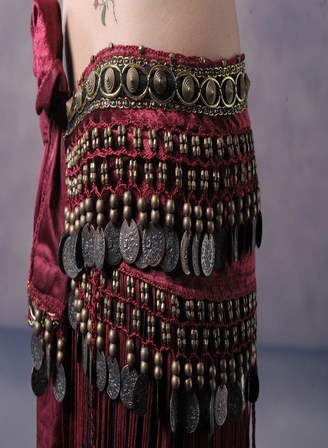 ZLTdream Women's Belly Dance Tribal Hip Scarf with Fringe Coins Flannel Dark Red, One Size - Image 2