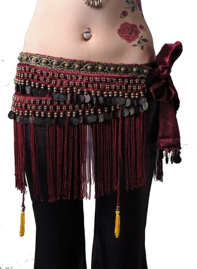 ZLTdream Women's Belly Dance Tribal Hip Scarf with Fringe Coins Flannel Dark Red, One Size - Image 1