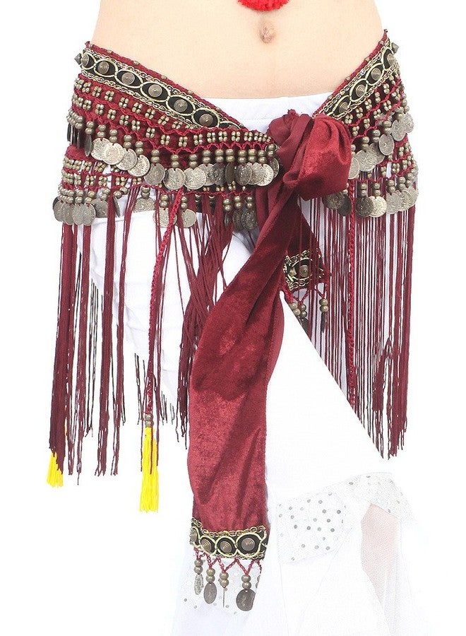 ZLTdream Women's Belly Dance Tribal Hip Scarf with Fringe Coins Flannel Dark Red, One Size - Image 5