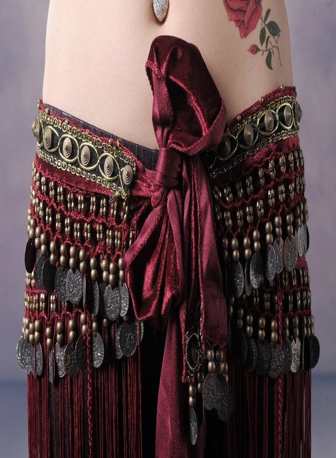 ZLTdream Women's Belly Dance Tribal Hip Scarf with Fringe Coins Flannel Dark Red, One Size - Image 3