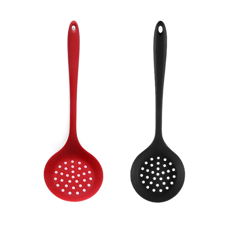 W WBLD Silicone Skimmer Spoon Set 2 NonStick Cooking Slotted Colander Spoon Skimmer Strainer Kitchen Sink Ladle Strainer Silicone Filter Spoon with Long HandleRed and Black 325X10CM 