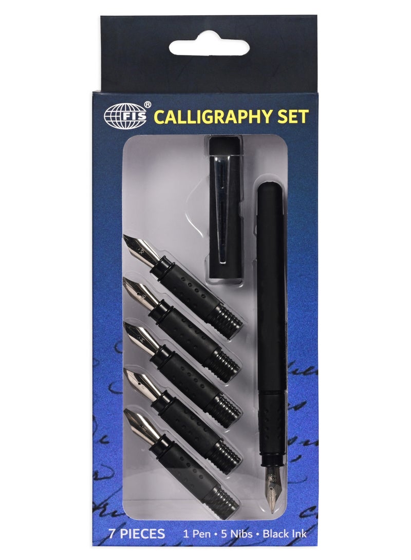 FIS FIS Calligraphy Pen Set of 7 Pieces, 1 Pen, 5 Nibs, 1 Black Ink,0.7ml-FSCQ06 - Image 1