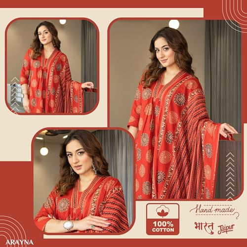 Arayna Women's Pure Cotton Block Printed Ethnic Wear Kurta Set with Palazzo & Dupatta – Cherry Red, 3X-Large - Image 5