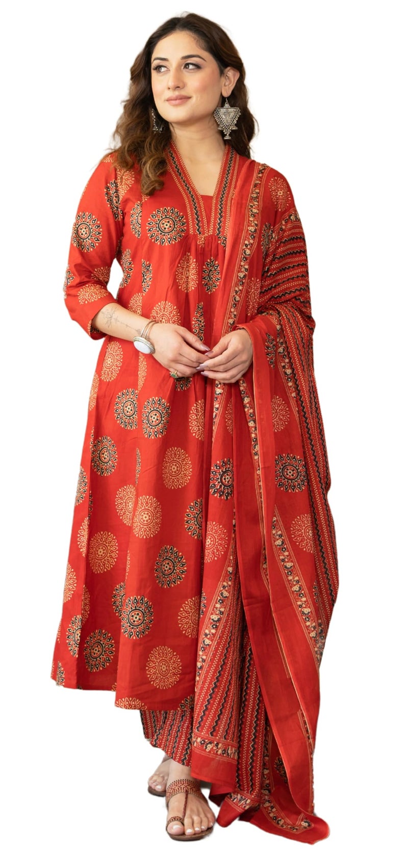 Arayna Women's Pure Cotton Block Printed Ethnic Wear Kurta Set with Palazzo & Dupatta – Cherry Red, 3X-Large - Image 1