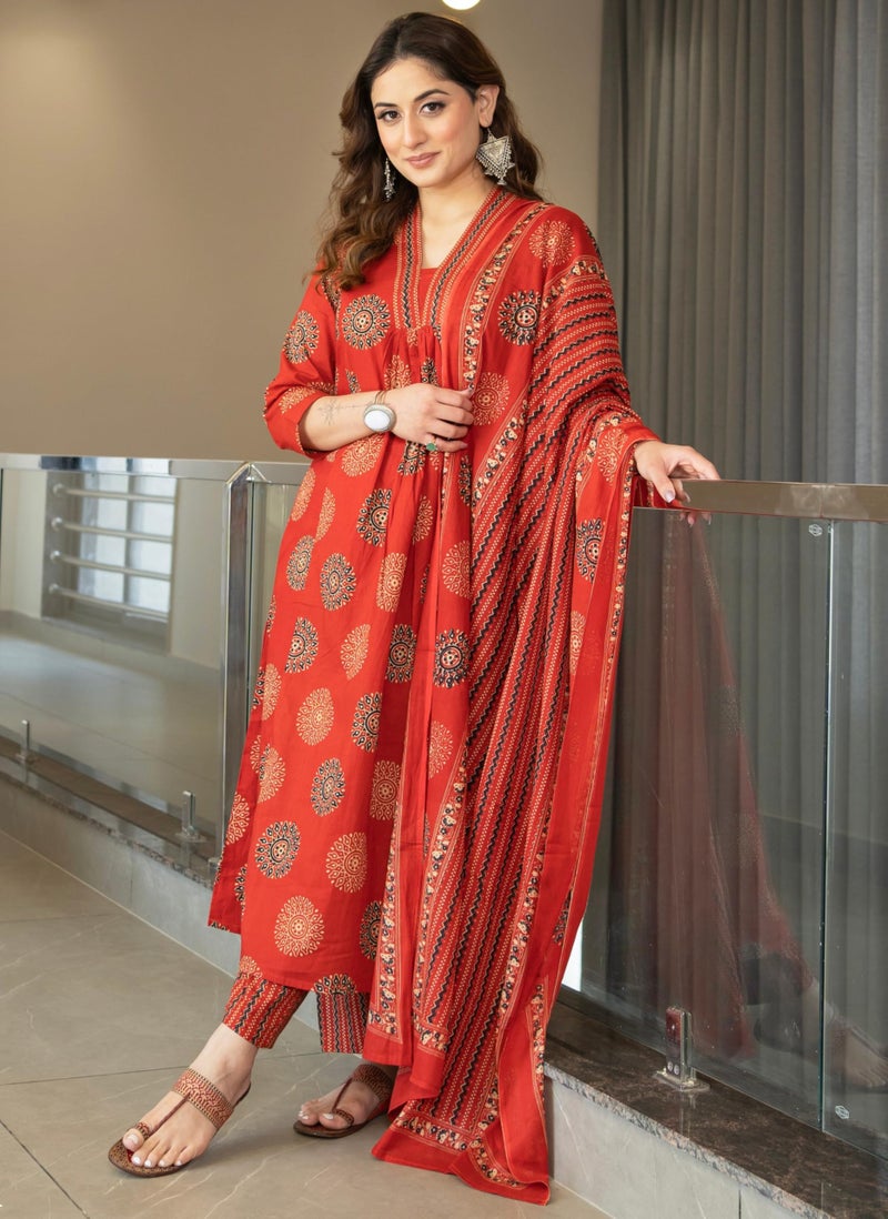Arayna Women's Pure Cotton Block Printed Ethnic Wear Kurta Set with Palazzo & Dupatta – Cherry Red, 3X-Large - Image 3