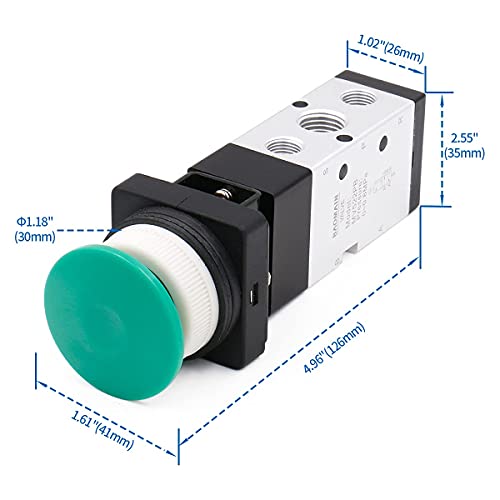Baomain Pneumatic Mechanical Valve MV522PB 1/4"PT 2 Position 5 Way Momentary Green Mushroom Button Manual Control type Mechanical Valve Pneumatic Control Valve - Image 4