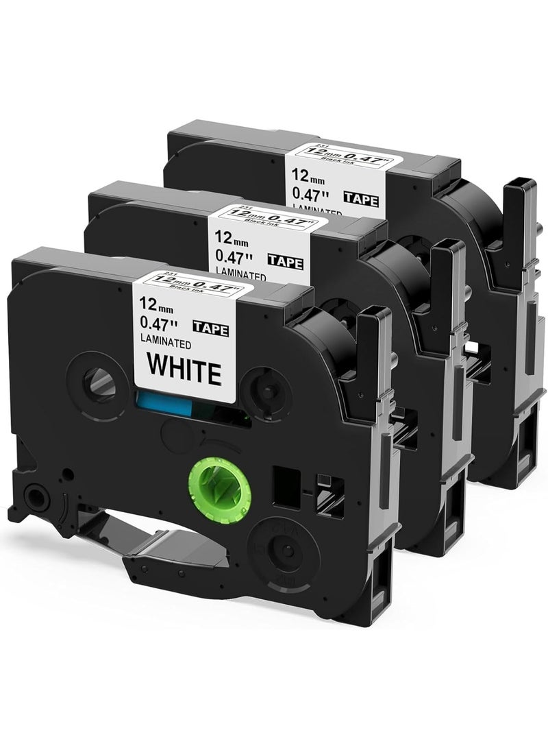 Compatible Label Tape Replacement for 231 AZe-231 TZe-231, 1/2 Inch x 26.2 Feet (12mm x 8m) Laminated Black on White, Use with D210 H110 D400 D600 Label Makers (3-Pack)