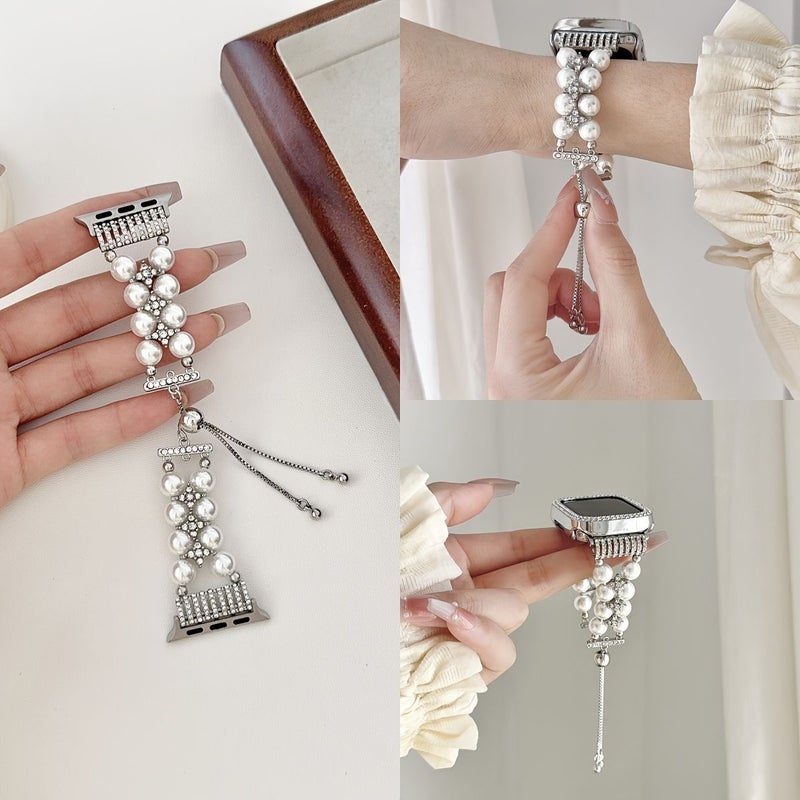 سوار iWatch من اللؤلؤ الفضي مع أحجار الراين للنساء، مقاس 38 40 41 42 مم - Image 1