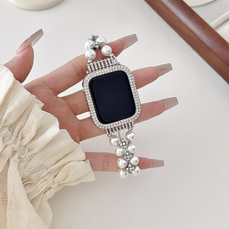 سوار iWatch من اللؤلؤ الفضي مع أحجار الراين للنساء، مقاس 38 40 41 42 مم - Image 3