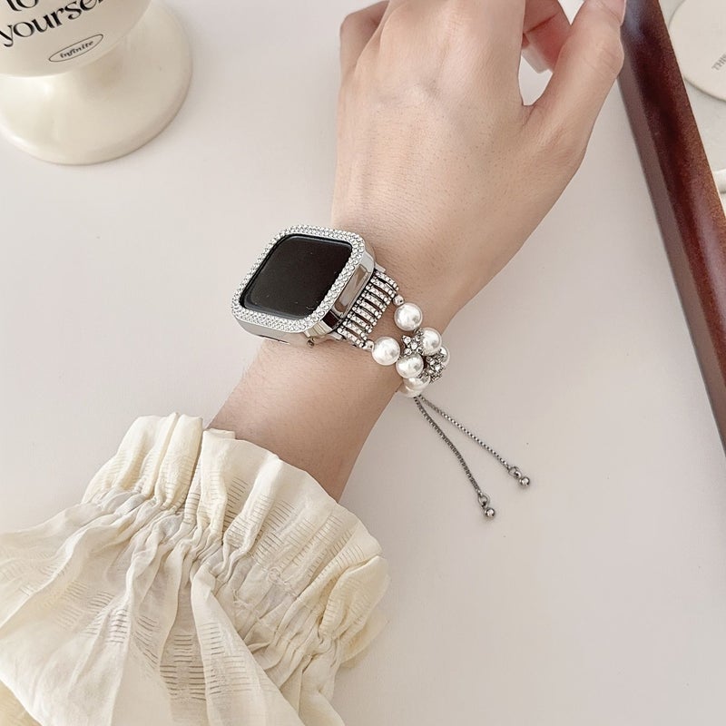 سوار iWatch من اللؤلؤ الفضي مع أحجار الراين للنساء، مقاس 38 40 41 42 مم - Image 5