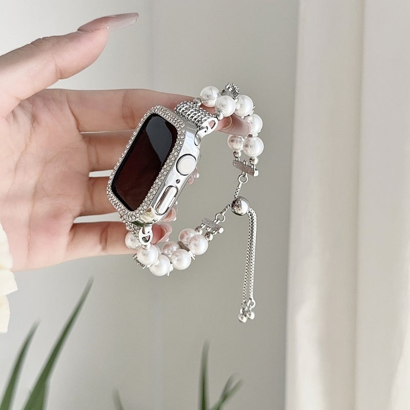 سوار iWatch من اللؤلؤ الفضي مع أحجار الراين للنساء، مقاس 38 40 41 42 مم - Image 4