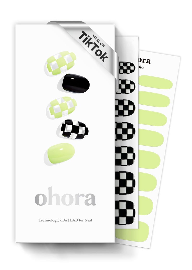 ohora Semi Cured Gel Nail Strips N Racer Green Patterned Works with Any UVLED Lamps SalonQuality Long Lasting Easy to Apply Remove Includes 2 Prep Pads Nail File Wooden Stick
