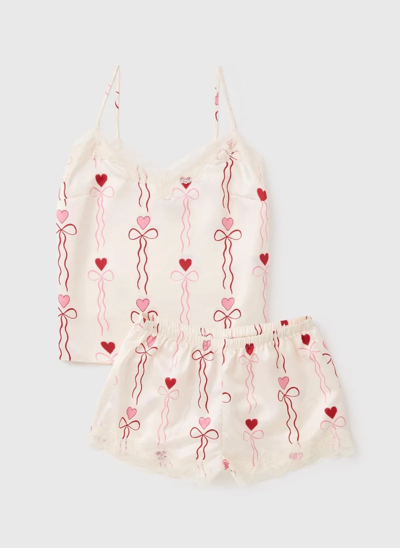 Matalan White Cream Heart Satin Short Pyjama Set for Women | Best Price UAE