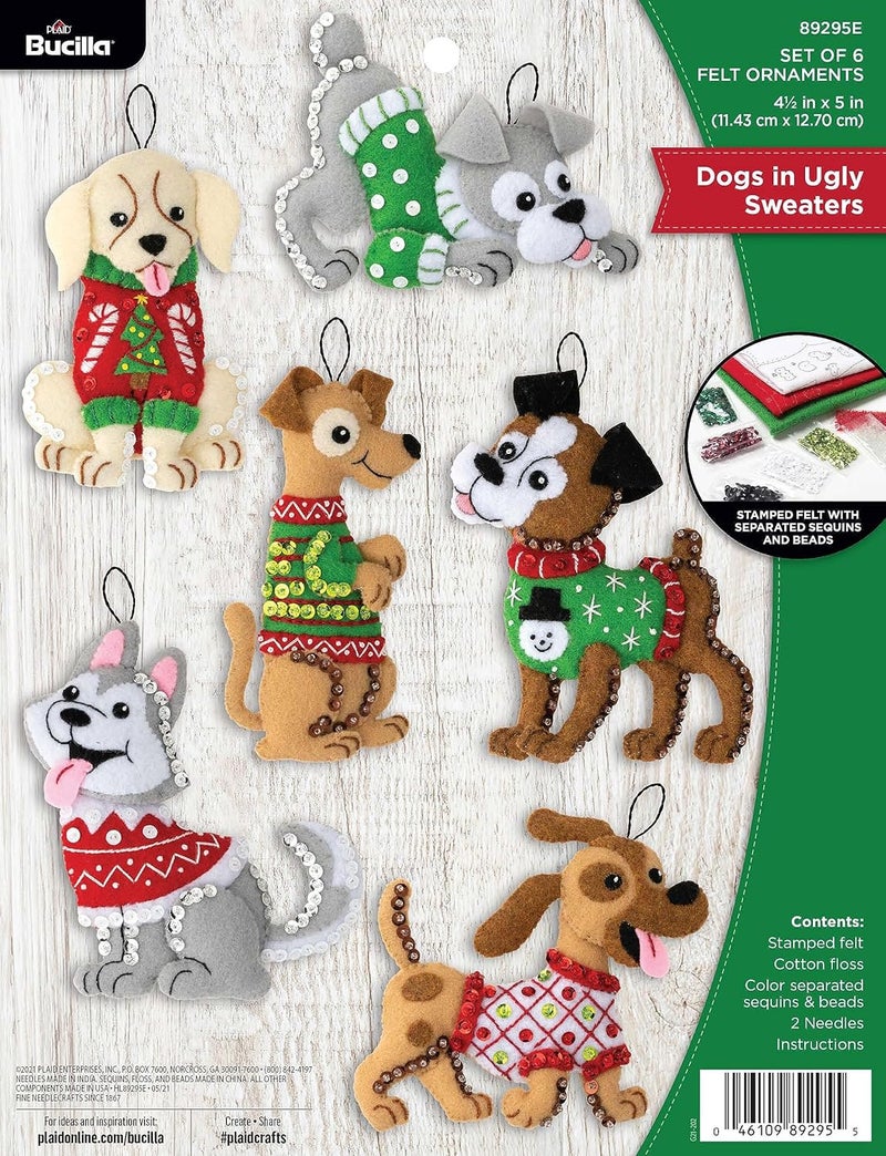 Bucilla Felt Applique 6 Piece Ornament Making Kit, Dogs in Ugly Sweaters, Perfect for DIY Arts and Crafts, 89295E - Image 1