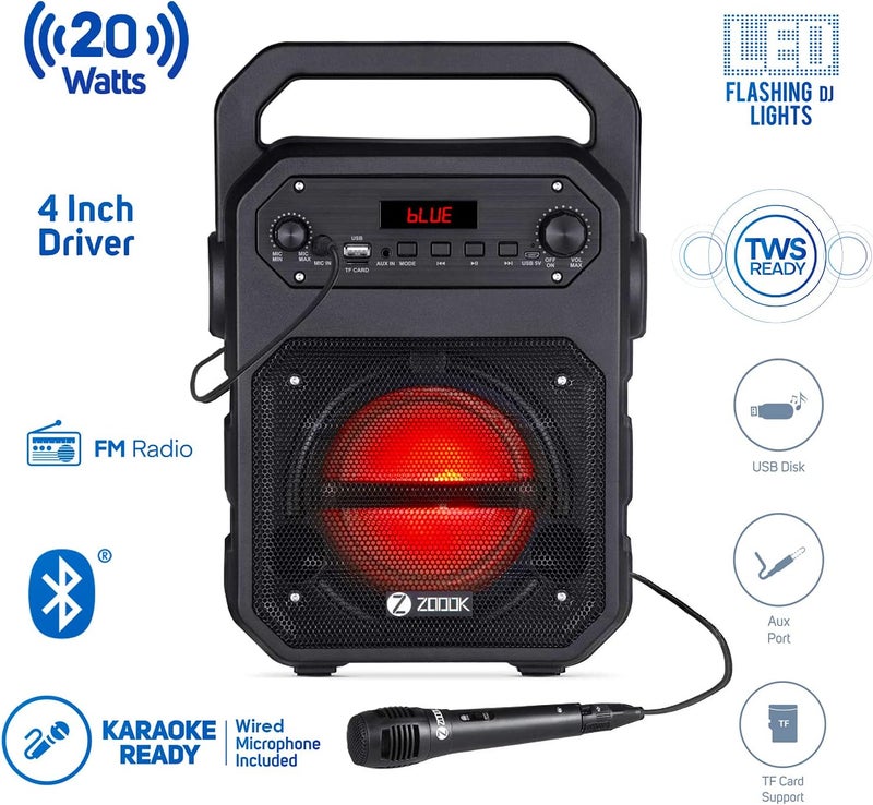 Zoook Renewed - Zoook Rocker Thunder 20 Watts Bluetooth Speaker with Karaoke Mic, FM Radio, USB, and LED Lights - Image 2