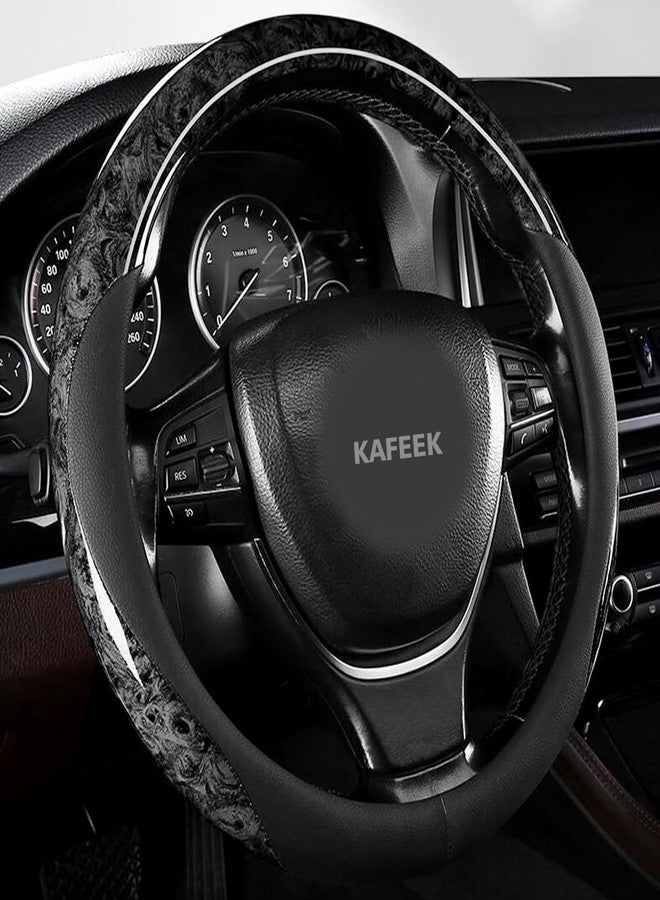 KAFEEK غطاء عجلة قيادة KAFEEK بنقشة الخشب، مصنوع من جلد المايكروفايبر، مقاس عالمي من 14.5 إلى 15 بوصة، غطاء عجلة قيادة للسيارة للرجال والنساء، مريح، مانع للانزلاق، عديم الرائحة، أسود - Image 1