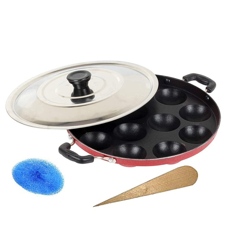 RJ kitchenware Store RJ kitchenware Store Appam bada Non Stick 12 Cavities Appam PatraAppam PanMakerPan Cake Makerponganalugunta ponganalu with Lid 24 cm  - Image 1