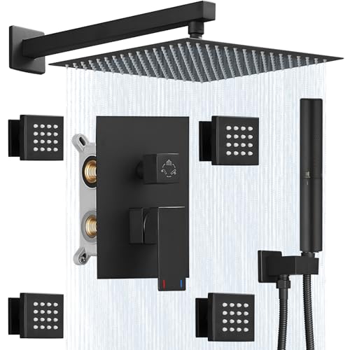 Hoimpro 12 Inch Rainfall Shower Faucet with 4 Full Body Shower Jet Fixtures Combo, Shower System Set with Rain Mixer Shower Head and Brass 2 in 1 Spray Handheld Showerhead, Wall Mounted, Matte Black - Image 1