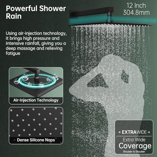 Hoimpro 12 Inch Rainfall Shower Faucet with 4 Full Body Shower Jet Fixtures Combo, Shower System Set with Rain Mixer Shower Head and Brass 2 in 1 Spray Handheld Showerhead, Wall Mounted, Matte Black - Image 4
