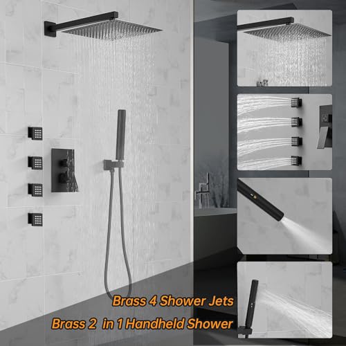 Hoimpro 12 Inch Rainfall Shower Faucet with 4 Full Body Shower Jet Fixtures Combo, Shower System Set with Rain Mixer Shower Head and Brass 2 in 1 Spray Handheld Showerhead, Wall Mounted, Matte Black - Image 2