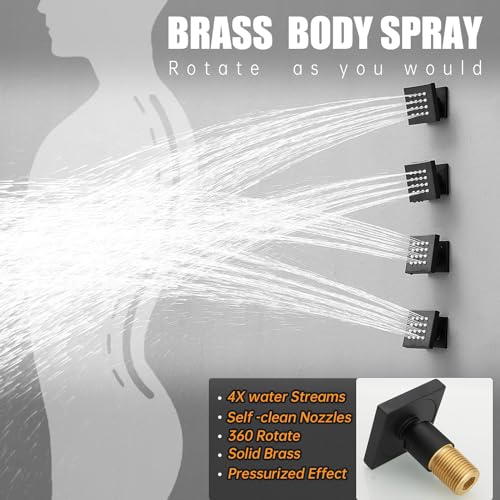 Hoimpro 12 Inch Rainfall Shower Faucet with 4 Full Body Shower Jet Fixtures Combo, Shower System Set with Rain Mixer Shower Head and Brass 2 in 1 Spray Handheld Showerhead, Wall Mounted, Matte Black - Image 3