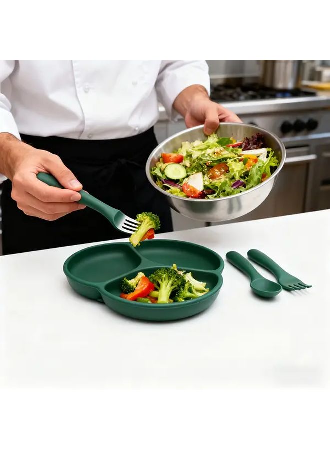 Blue Multi Compartment Plate with Fork and Spoon Set for Diet Control - Image 1