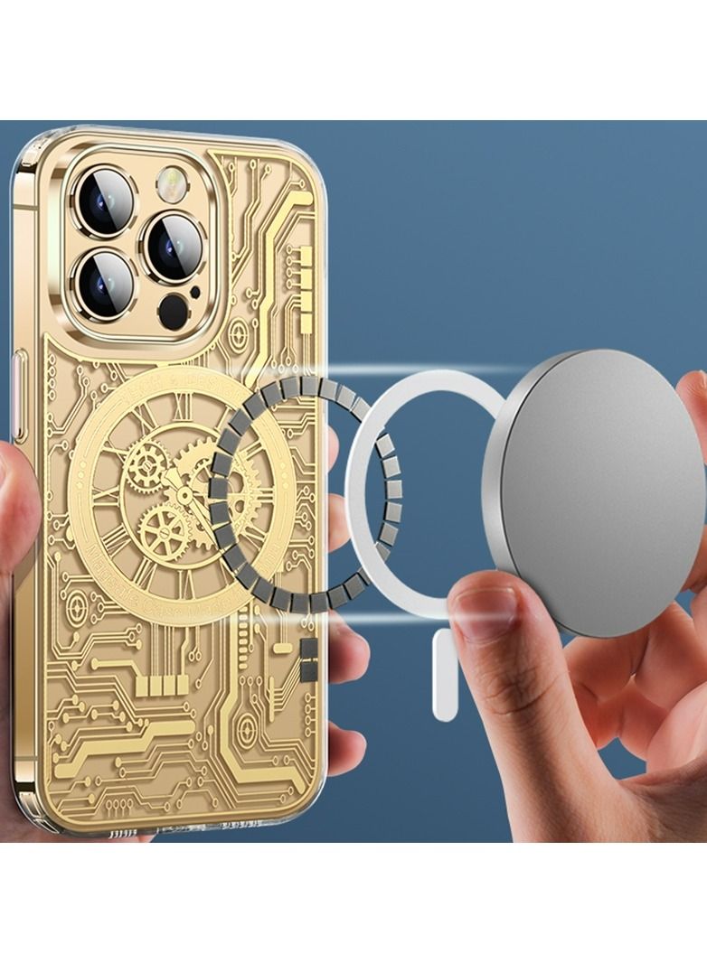 Color Fans MagSafe Magnetic Case for iPhone 14 Pro Max Punk Mechanical Transparent Gold Phone Case - Image 2