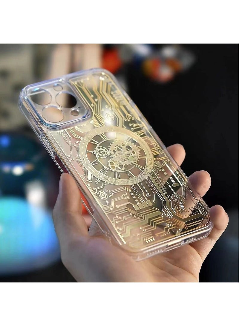 Color Fans MagSafe Magnetic Case for iPhone 14 Pro Max Punk Mechanical Transparent Gold Phone Case - Image 1