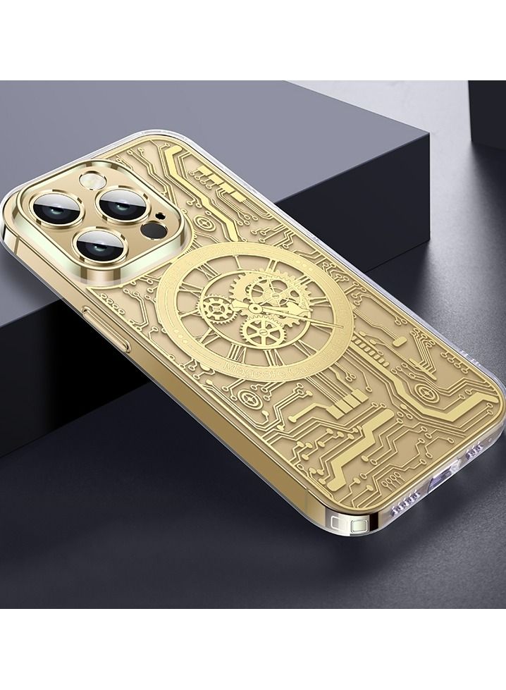 Color Fans MagSafe Magnetic Case for iPhone 14 Pro Max Punk Mechanical Transparent Gold Phone Case - Image 3